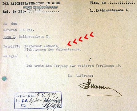 Antonie Sara Pasternak criminal file, repeatedly not wearing her yellow Star of David